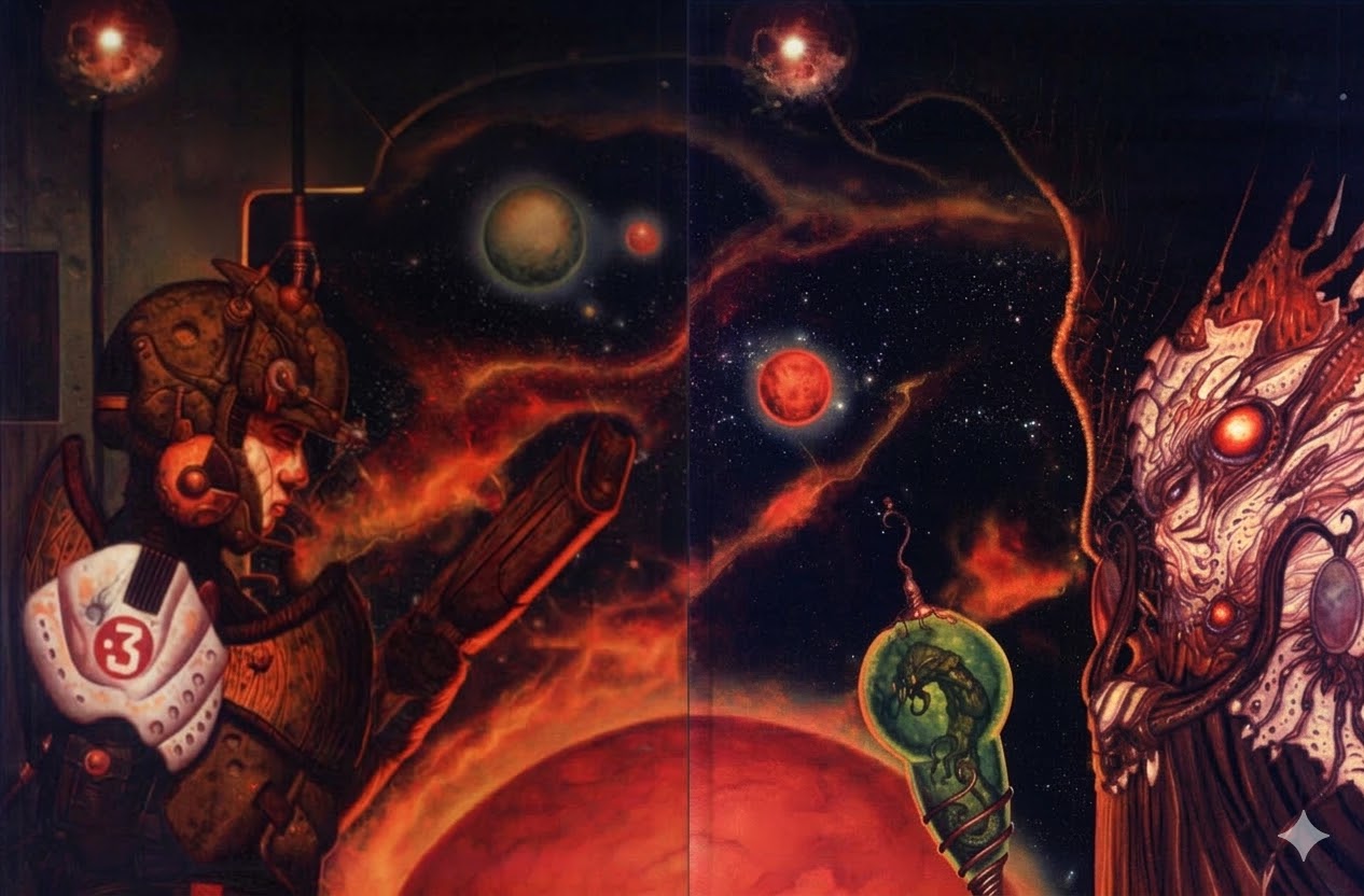 Retro 1990s sci-fi space opera scene