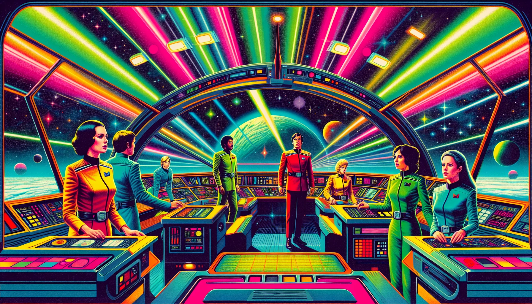 Retro campy 1980s space opera starship crew