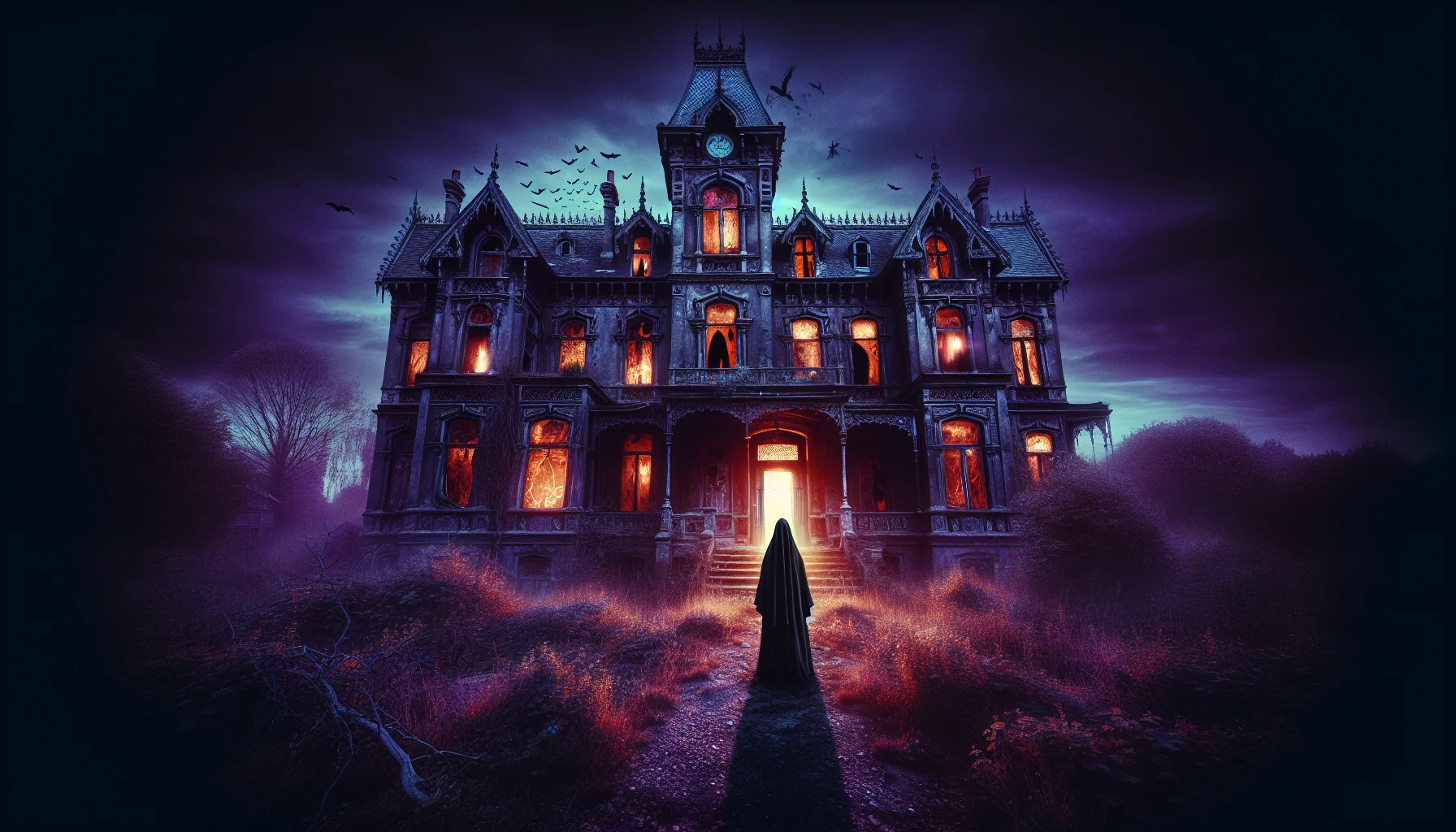 Abandoned Victorian mansion at night with ghostly apparitions