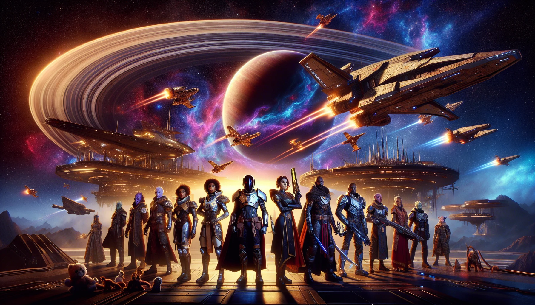 Epic space opera with heroic crew orbiting a ringed planet